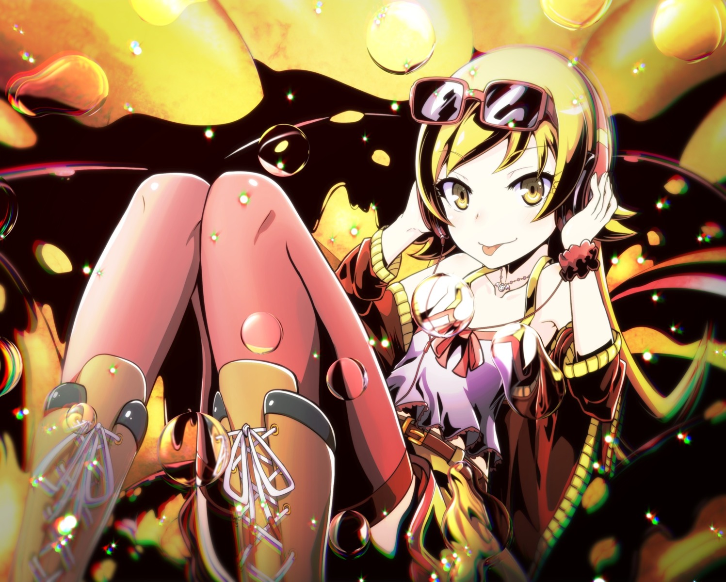 bakemonogatari headphones megane monogatari_(series) oshino_shinobu tanashi thighhighs