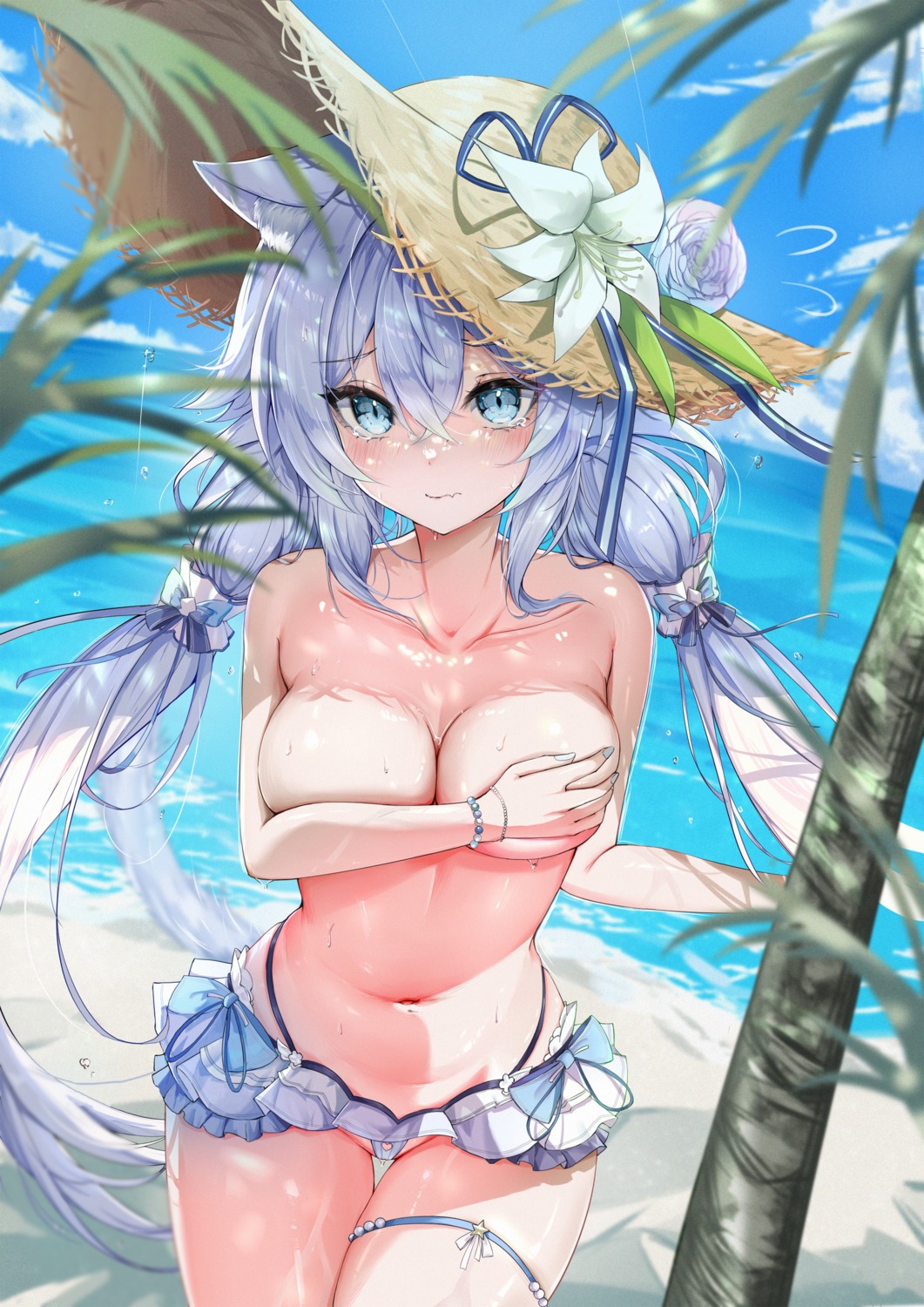 animal_ears bikini breast_hold detexted dian_wen_pai_zi garter nekomimi photoshop swimsuits tail thong topless wet