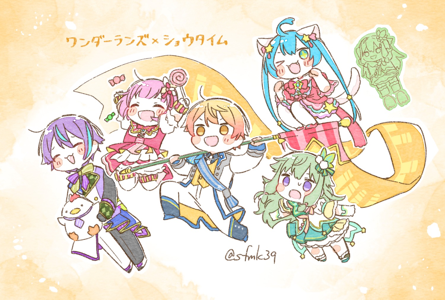 animal_ears chibi hatsune_miku kamishiro_rui kusanagi_nene nekomimi nene-robo ootori_emu pantyhose project_sekai sa-fu tail tenma_tsukasa thighhighs uniform vocaloid