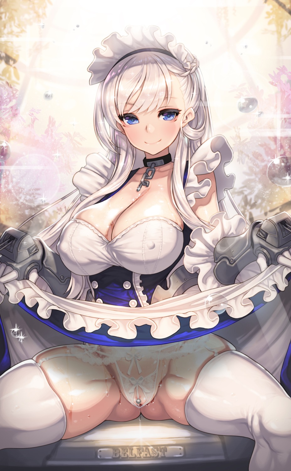 azur_lane belfast_(azur_lane) lingerie maid rikume see_through skirt_lift thighhighs