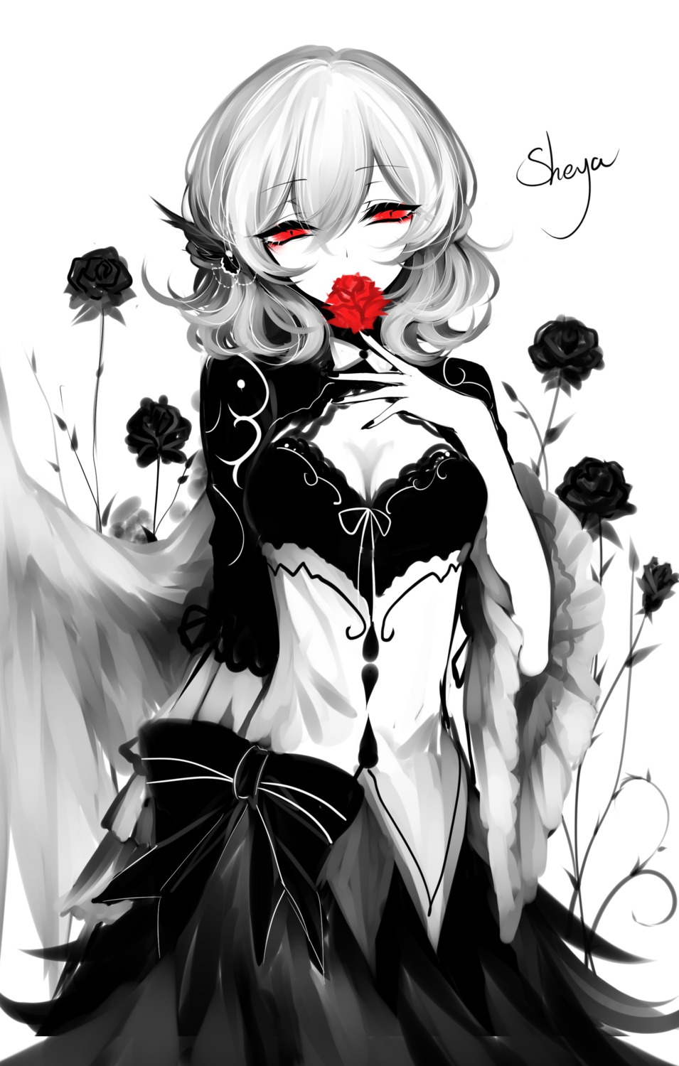 cleavage dress kishin_sagume monochrome sheya touhou wings