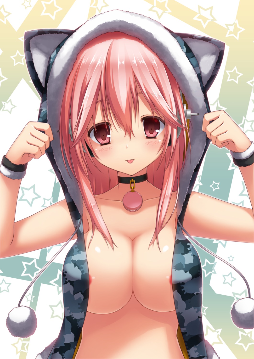 animal_ears areola cleavage headphones nekomimi no_bra open_shirt sonico super_sonico yuzuka