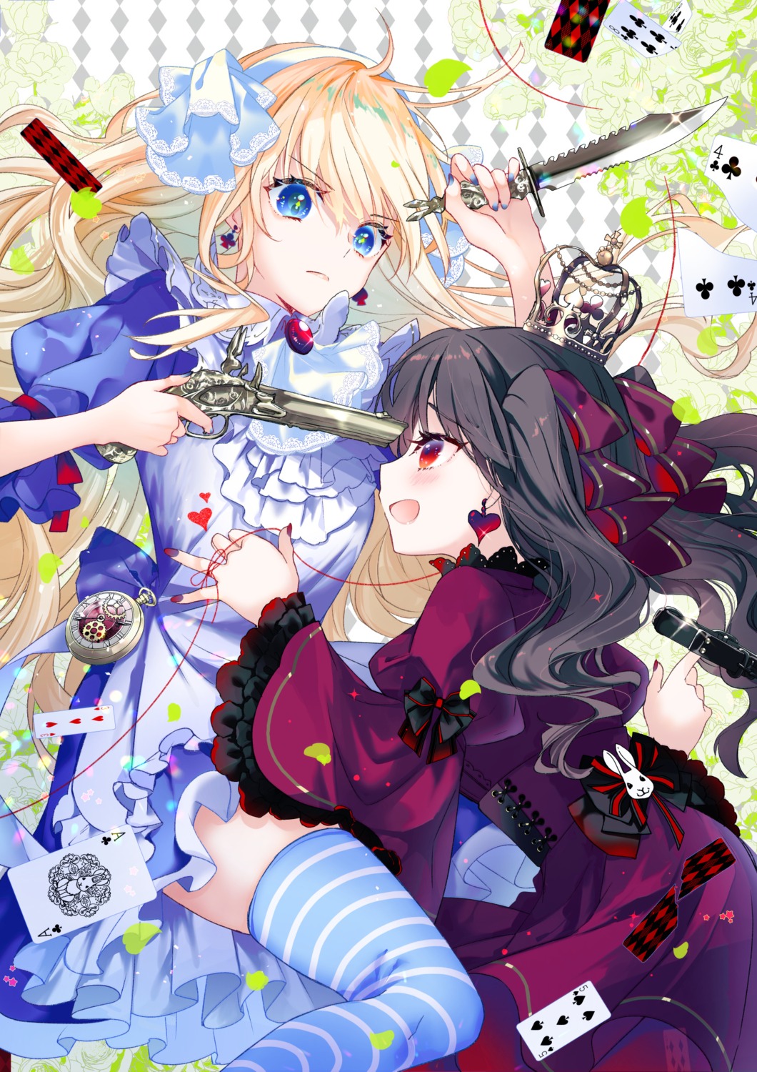 alice alice_in_wonderland dress gun konataeru lolita_fashion skirt_lift thighhighs weapon yuri