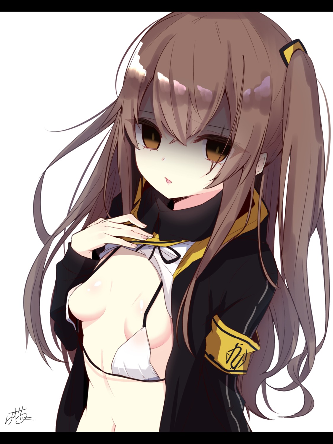 bra girls_frontline open_shirt ramchi ump45_(girls_frontline) wardrobe_malfunction