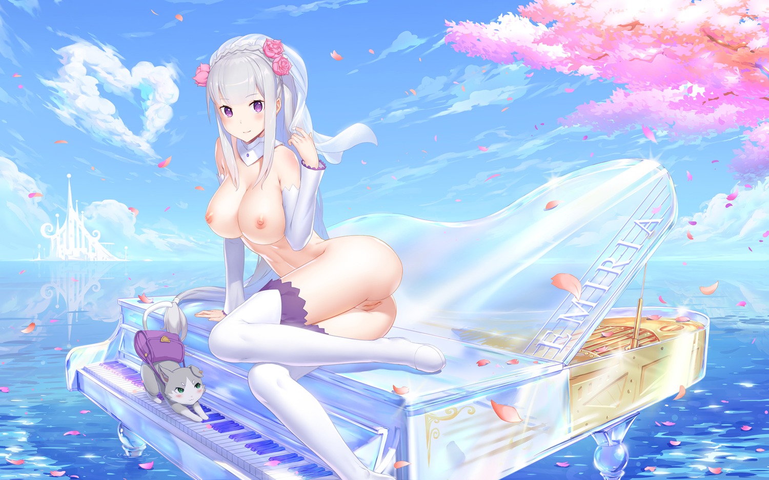 elf emilia_(re_zero) naked neko nipples pack_(re_zero) pointy_ears pussy re_zero_kara_hajimeru_isekai_seikatsu shenlisong thighhighs uncensored