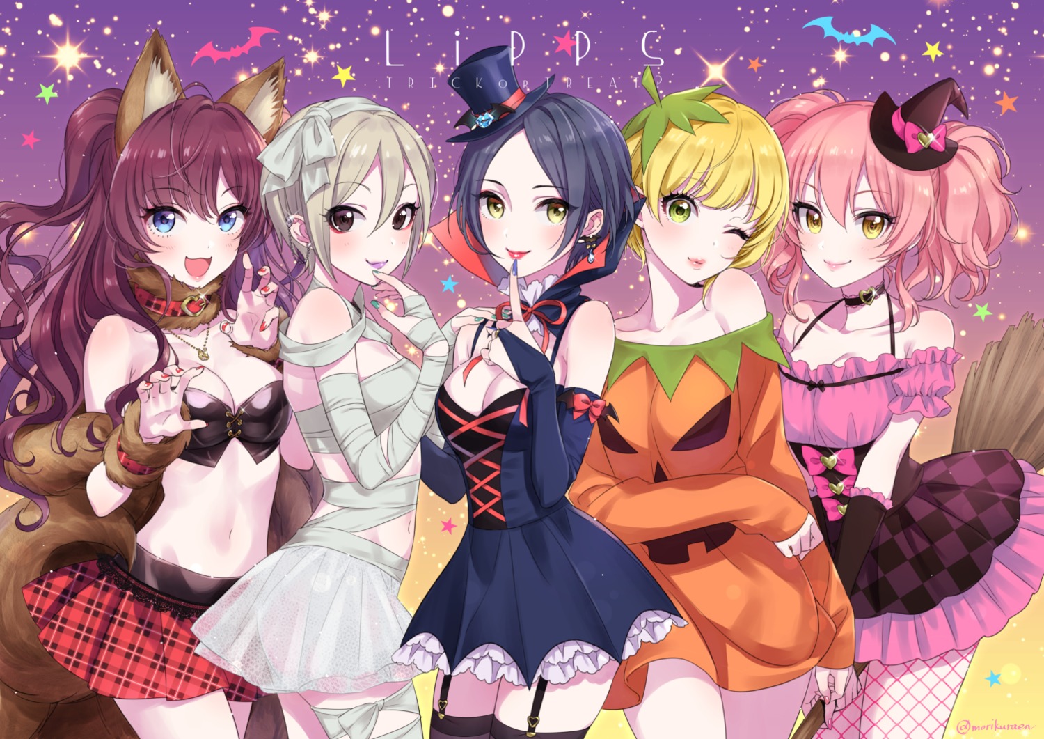 animal_ears bandages cleavage dress fishnets halloween hayami_kanade ichinose_shiki jougasaki_mika miyamoto_frederica morikura_en naked_ribbon pantyhose see_through shiomi_shuuko stockings the_idolm@ster the_idolm@ster_cinderella_girls thighhighs witch