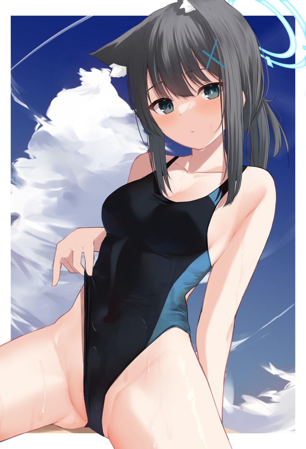 animal_ears blue_archive cameltoe halo memekko nekomimi sunaookami_shiroko swimsuits wet