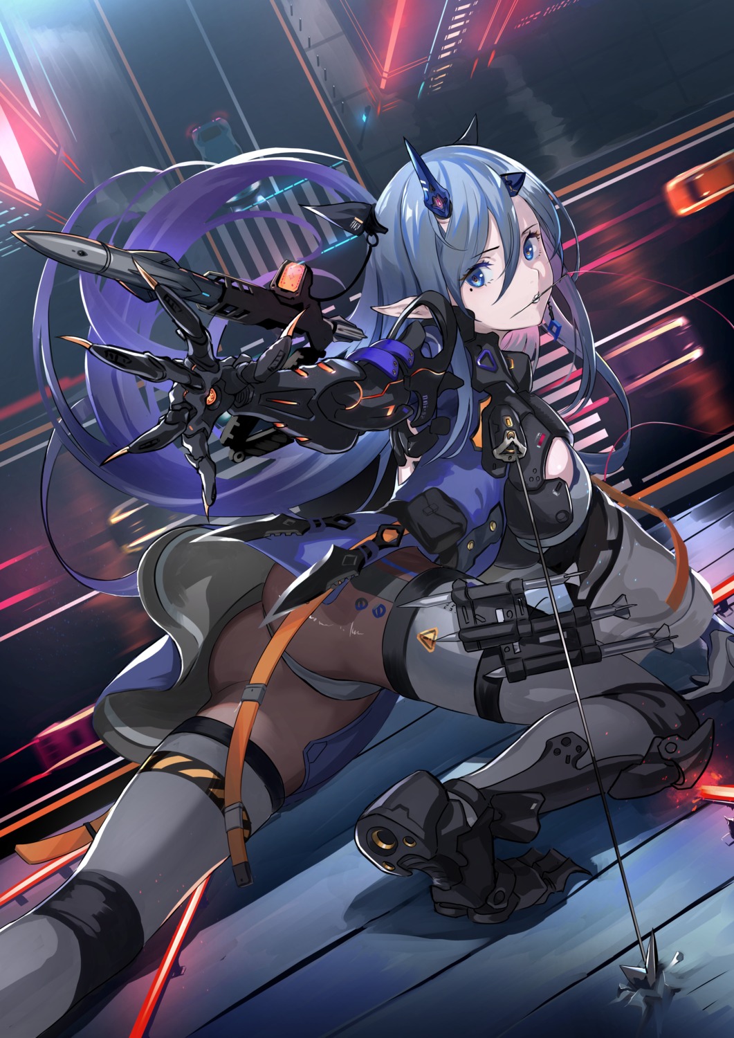 asagon007 ass garter horns mecha_musume pantsu pantyhose pointy_ears skirt_lift thighhighs thong weapon