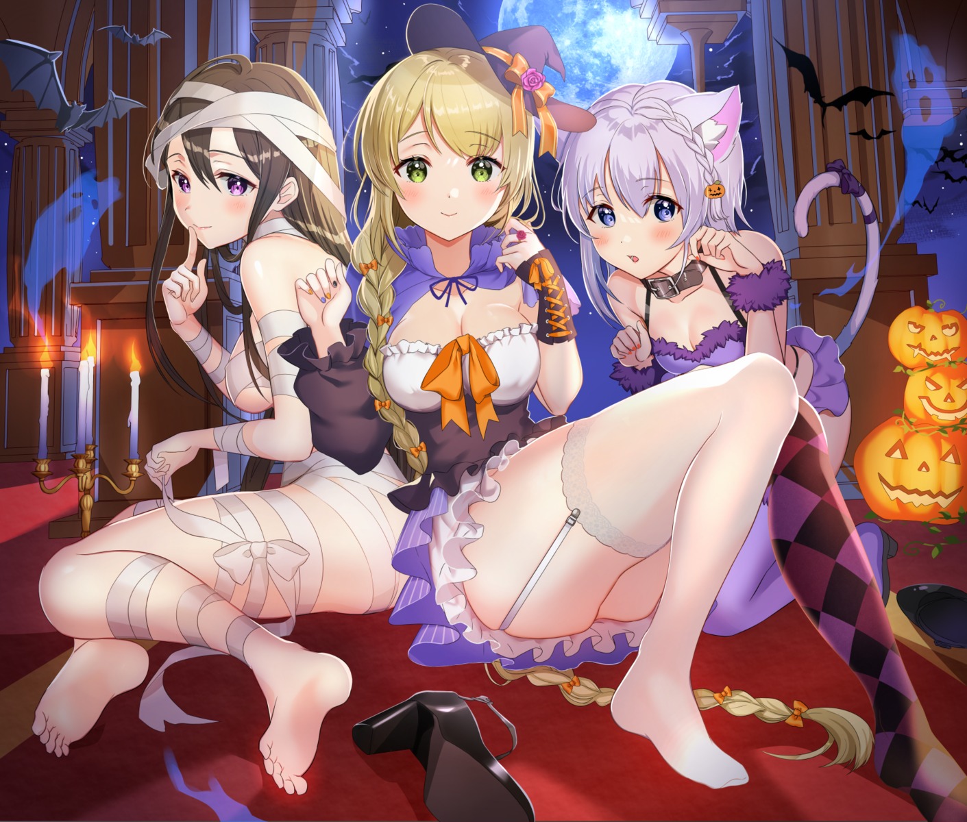 animal_ears bandages cleavage feet halloween heels naked_ribbon nekomimi niwata0 no_bra nopan skirt_lift stockings tail thighhighs witch