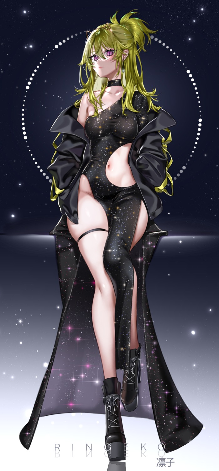 dress garter genshin_impact heels kuki_shinobu no_bra nopan ringeko-chan