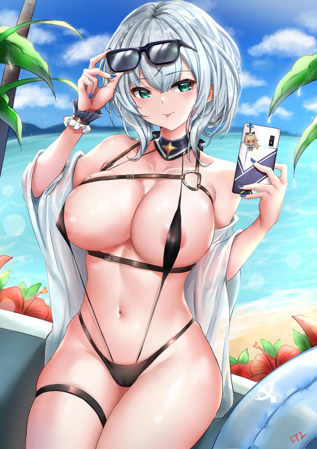 areola cameltoe cyicheng erect_nipples garter hololive megane open_shirt see_through shirogane_noel sling_bikini swimsuits