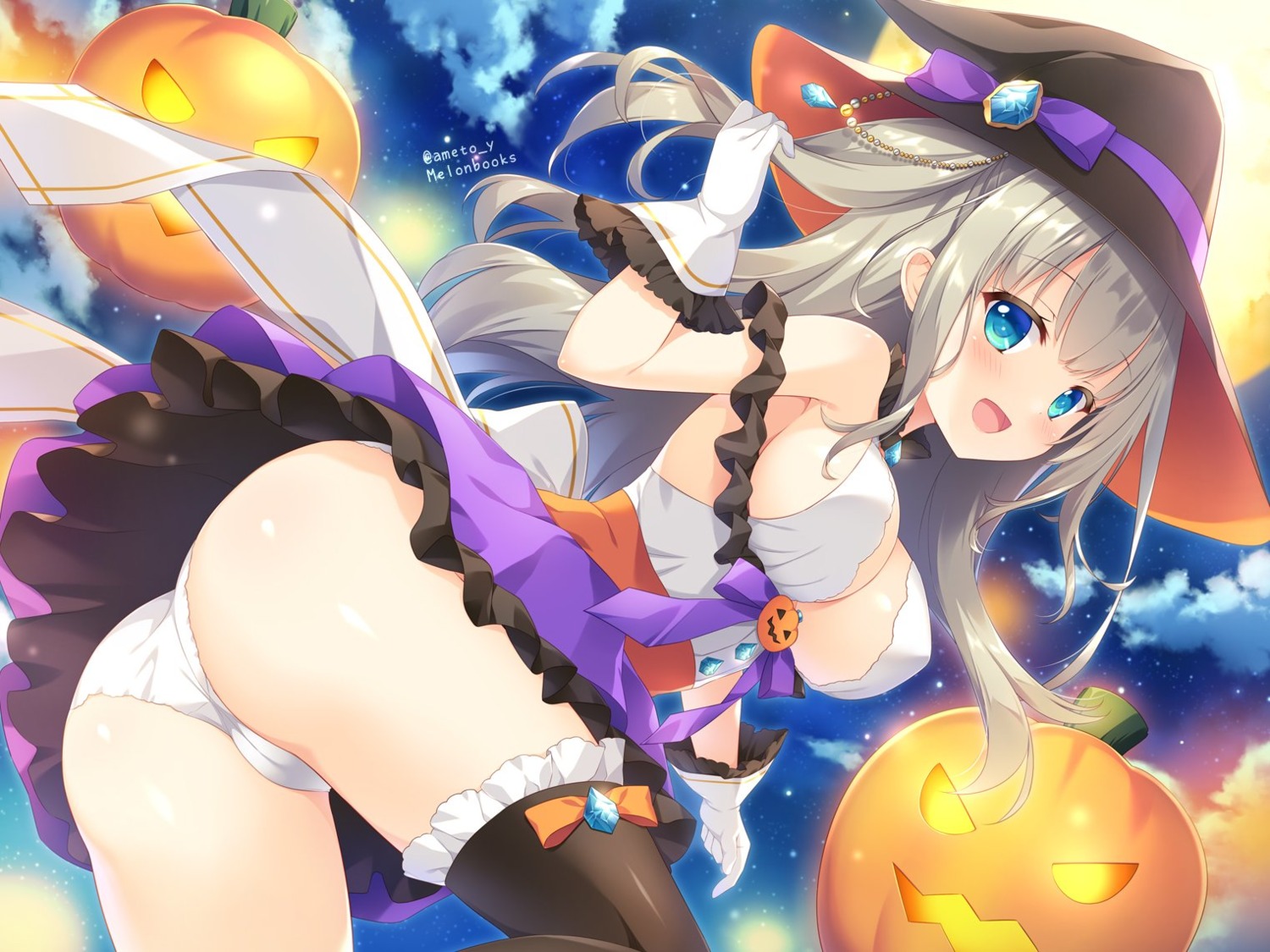 ameto_yuki cameltoe emerald_(ameto_yuki) halloween no_bra pantsu skirt_lift thighhighs witch