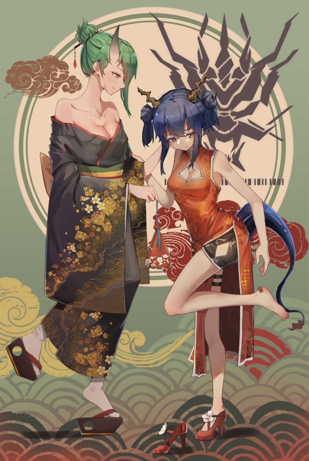 arknights ch'en_(arknights) chinadress cleavage heels horns hoshiguma_(arknights) kimono mr.shizi no_bra open_shirt tail