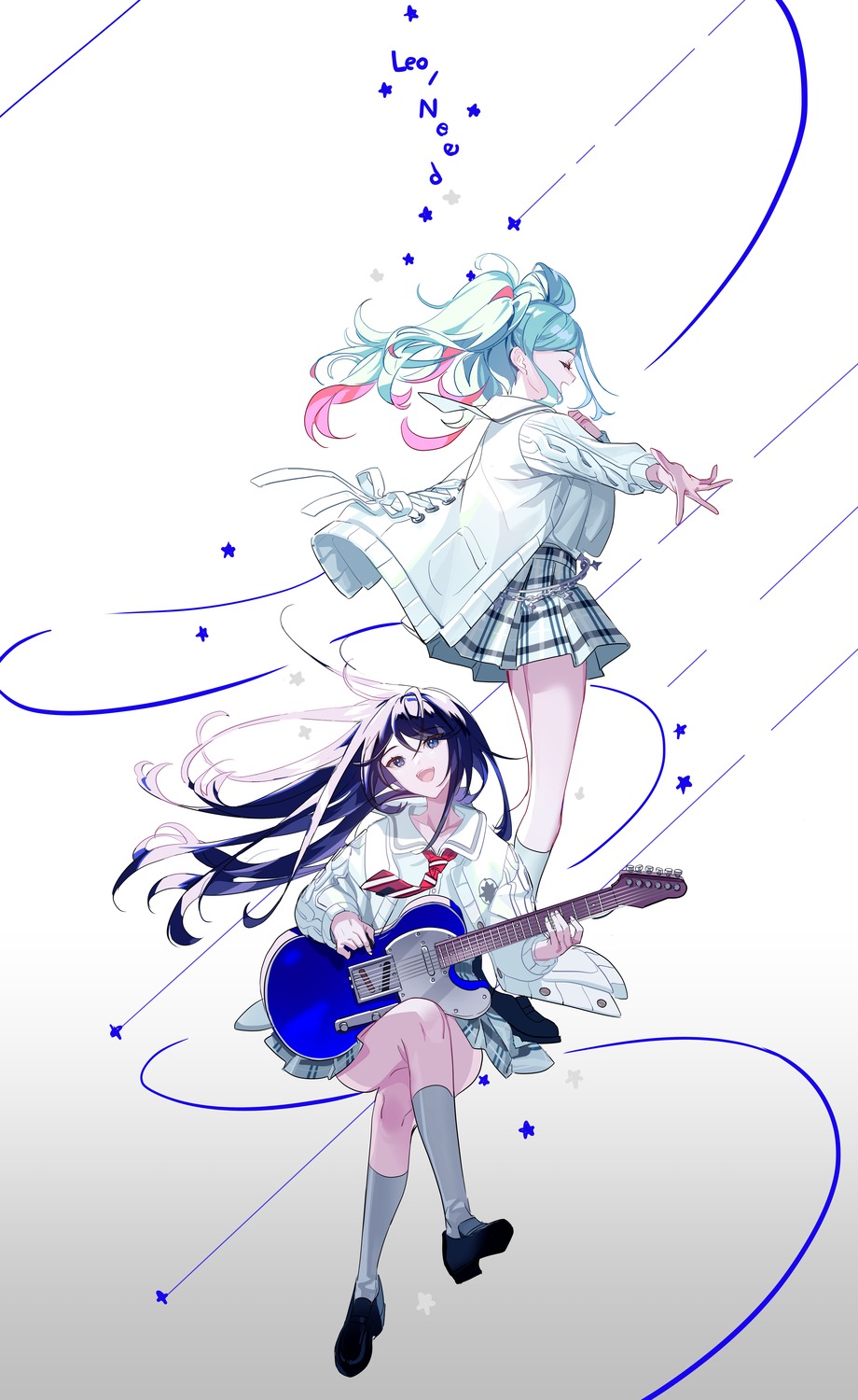 guitar hatsune_miku hoshino_ichika_(project_sekai) mona0101 project_sekai seifuku sweater vocaloid