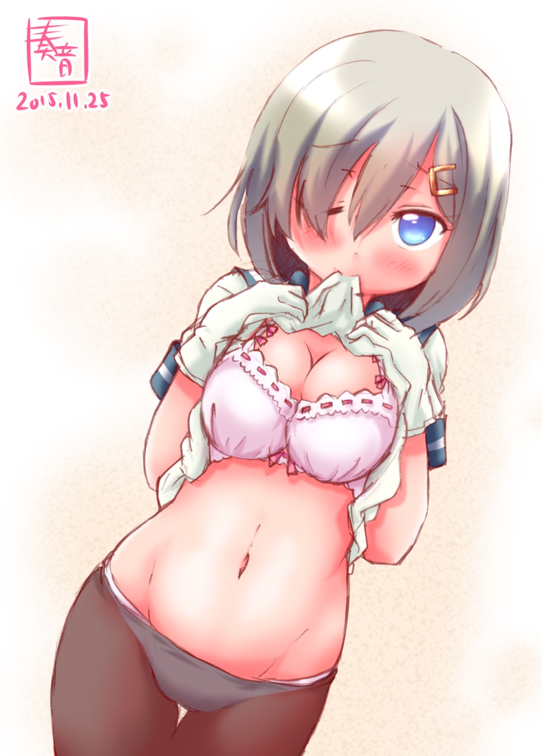 bra cleavage hamakaze_(kancolle) kanon_(kurogane_knights) kantai_collection pantsu pantyhose seifuku shirt_lift