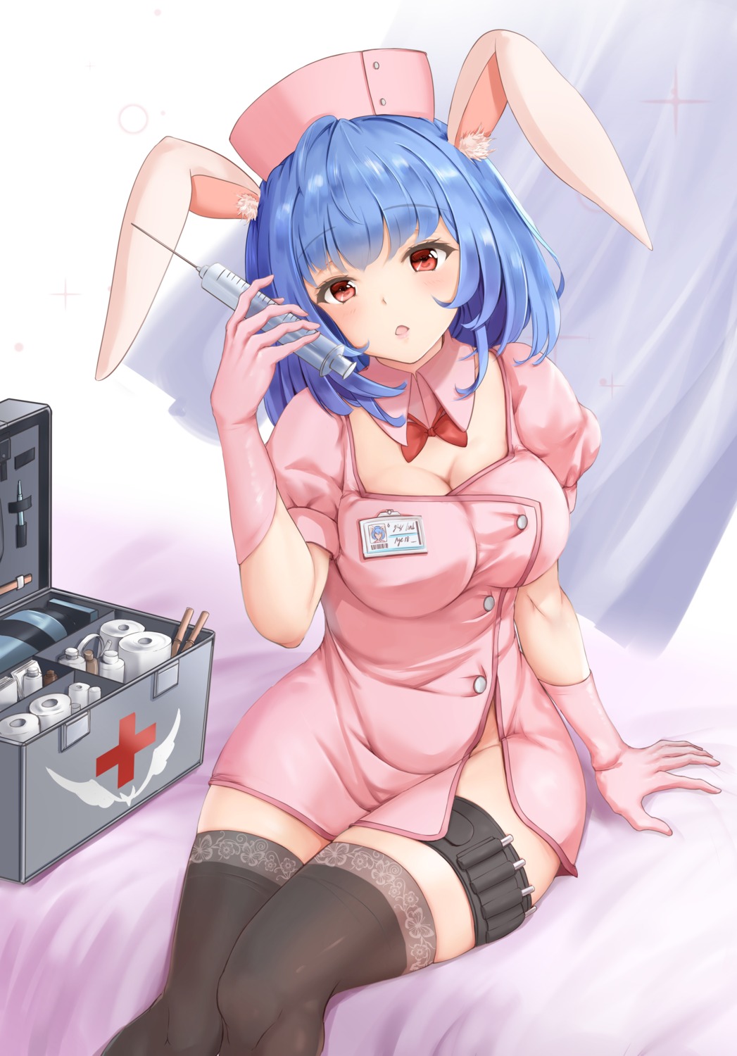 animal_ears bunny_ears cleavage garter h_yoruneko nopan nurse skirt_lift thighhighs