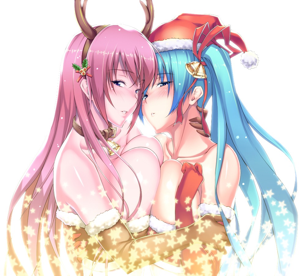 asa_(xametaler) christmas cleavage hatsune_miku megurine_luka symmetrical_docking vocaloid