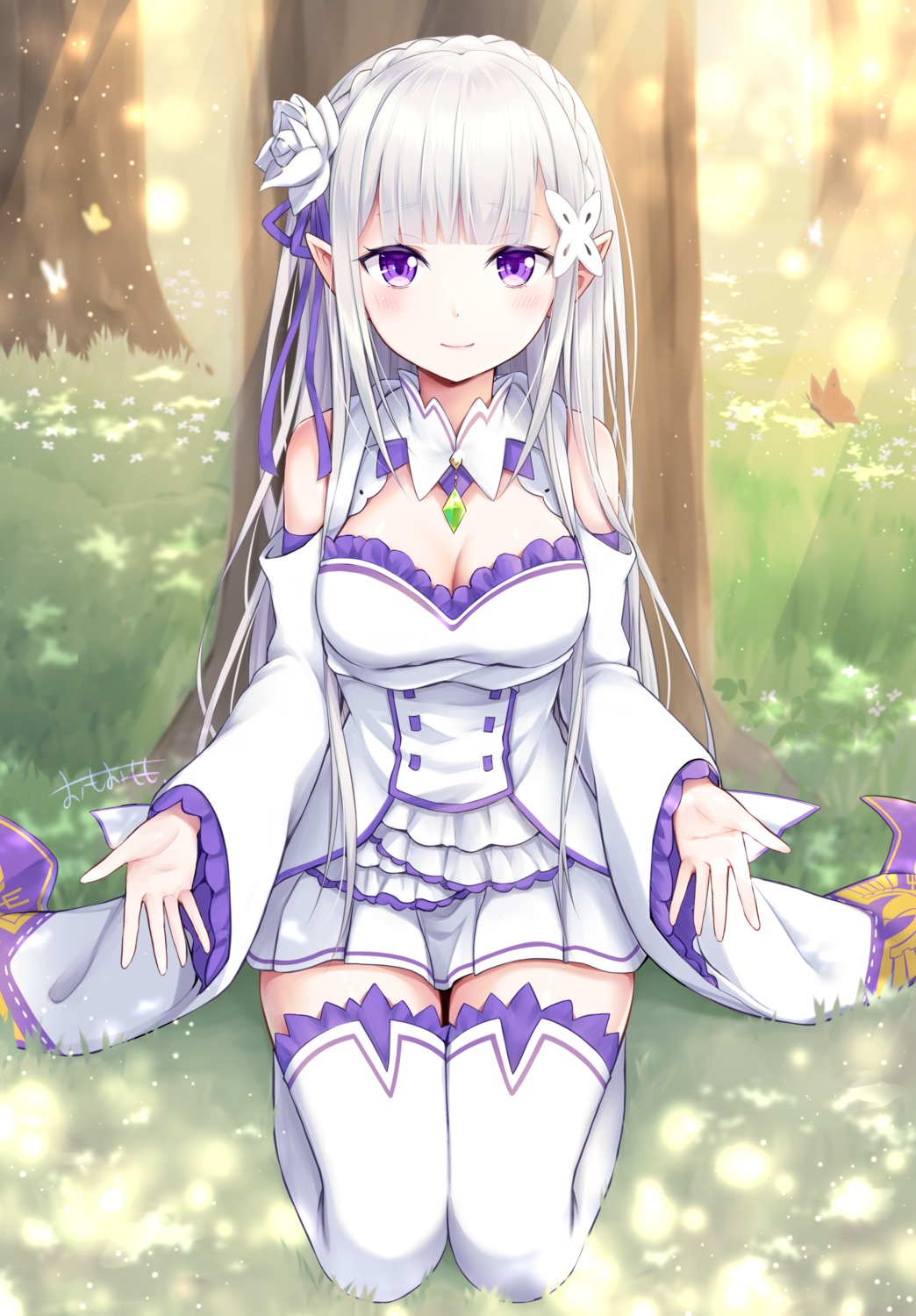 cleavage elf emilia_(re_zero) omoomomo pointy_ears re_zero_kara_hajimeru_isekai_seikatsu thighhighs