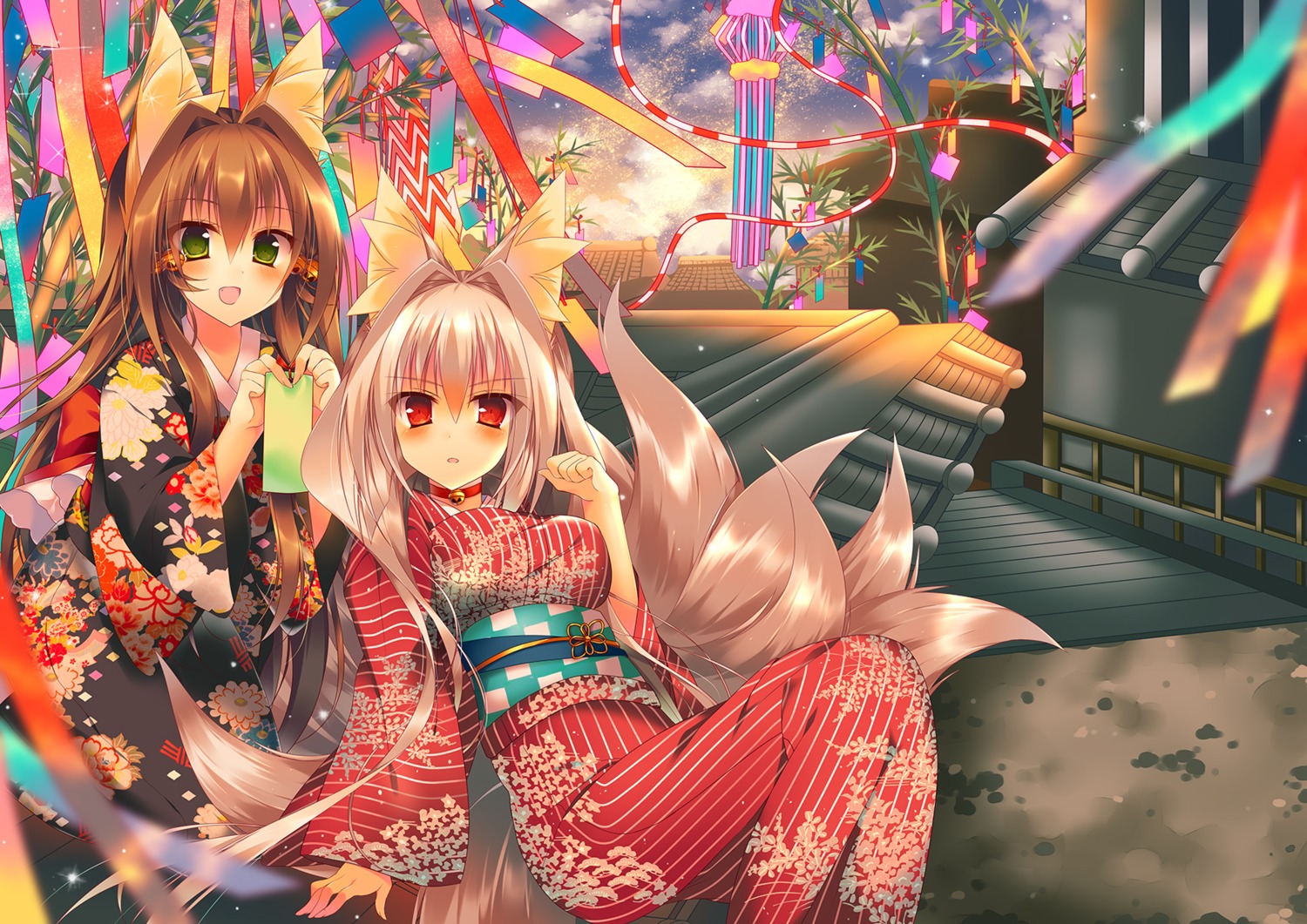 animal_ears kitsune landscape saichuu tail yukata