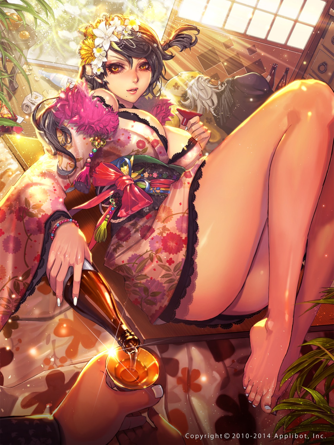 ass cleavage feet furyou_michi_~gang_road~ kimono no_bra nopan open_shirt sake xaxak