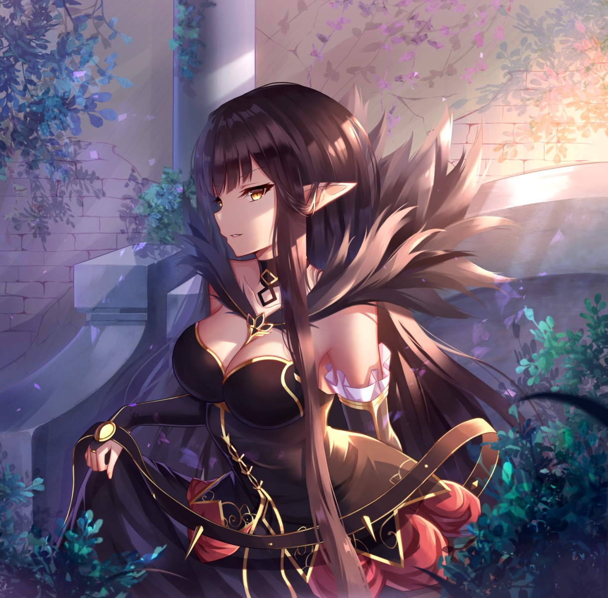assassin_of_red_(fate/apocrypha) black_fire cleavage dress fate/apocrypha fate/grand_order fate/stay_night pointy_ears semiramis_(fate)