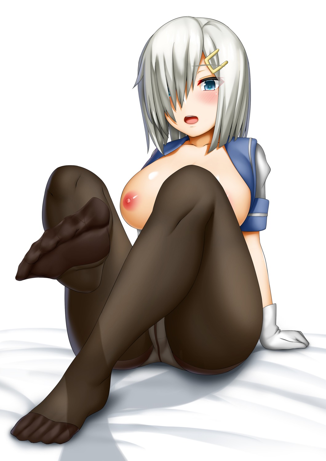 abukobato breasts feet hamakaze_(kancolle) kantai_collection nipples no_bra open_shirt pantsu pantyhose seifuku