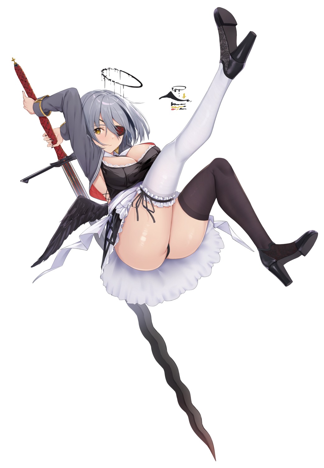 angel eyepatch garter heels maid no_bra pantsu skirt_lift sword tapioka_(oekakitapioka) thighhighs thong wings