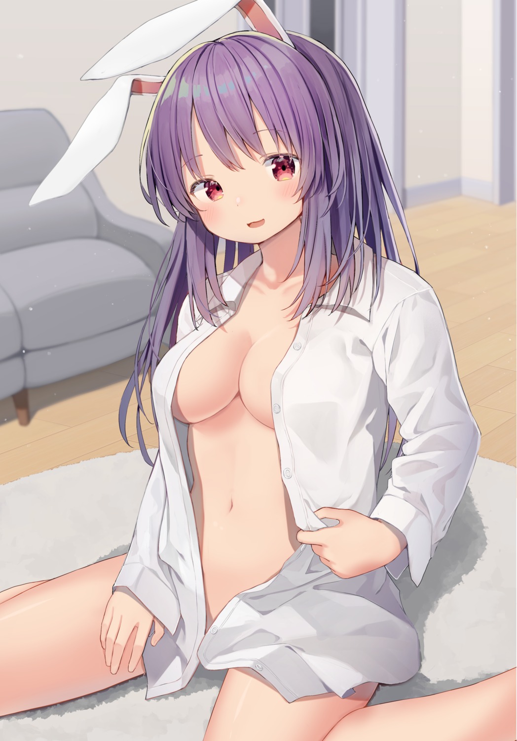 animal_ears bottomless bunny_ears dress_shirt mamemochi open_shirt reisen_udongein_inaba touhou undressing