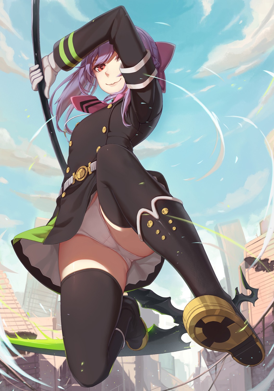 hiiragi_shinoa nian owari_no_seraph pantsu seifuku thighhighs weapon