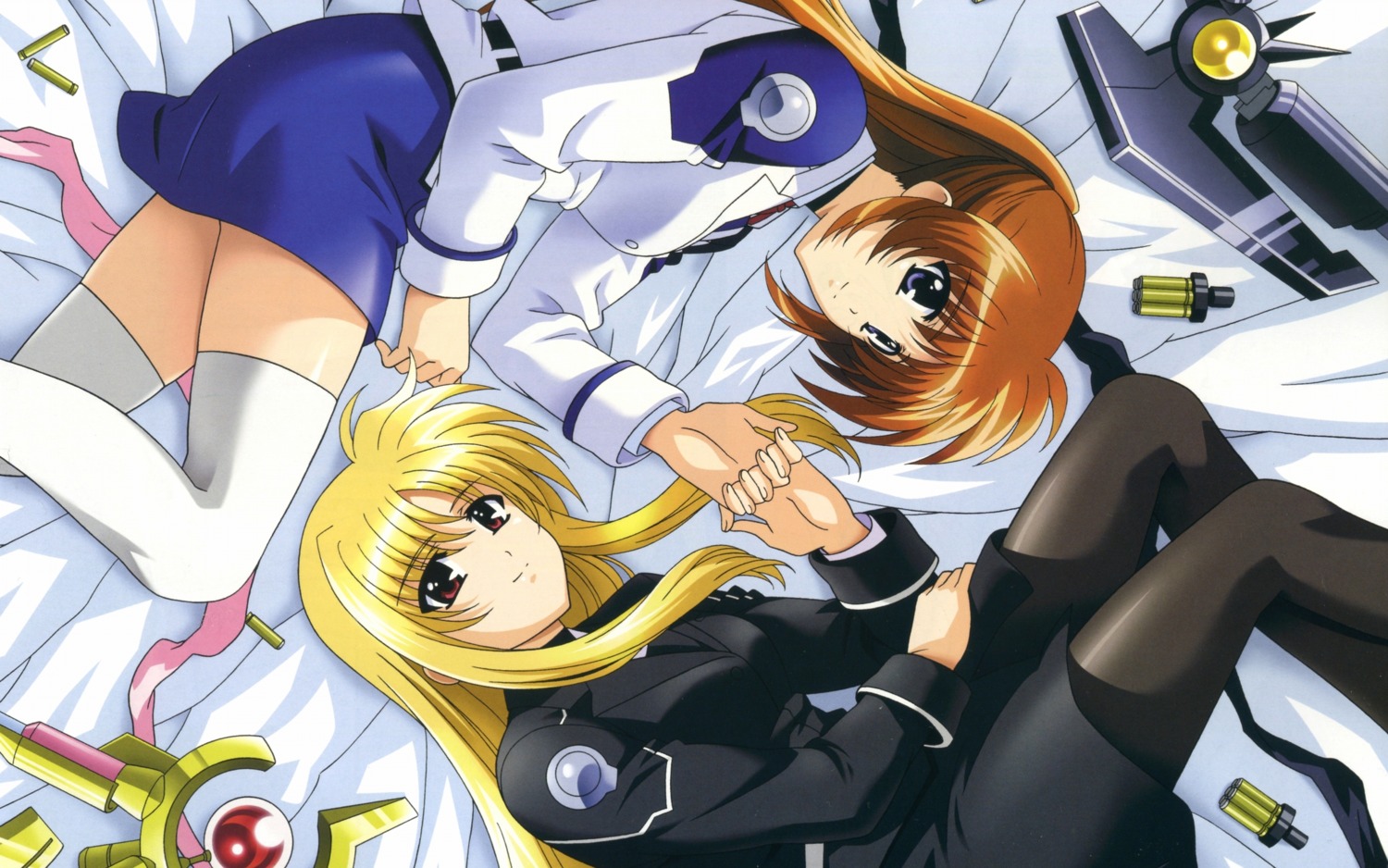 bleed_through fate_testarossa mahou_shoujo_lyrical_nanoha mahou_shoujo_lyrical_nanoha_strikers okuda_yasuhiro pantyhose takamachi_nanoha thighhighs uniform wallpaper weapon