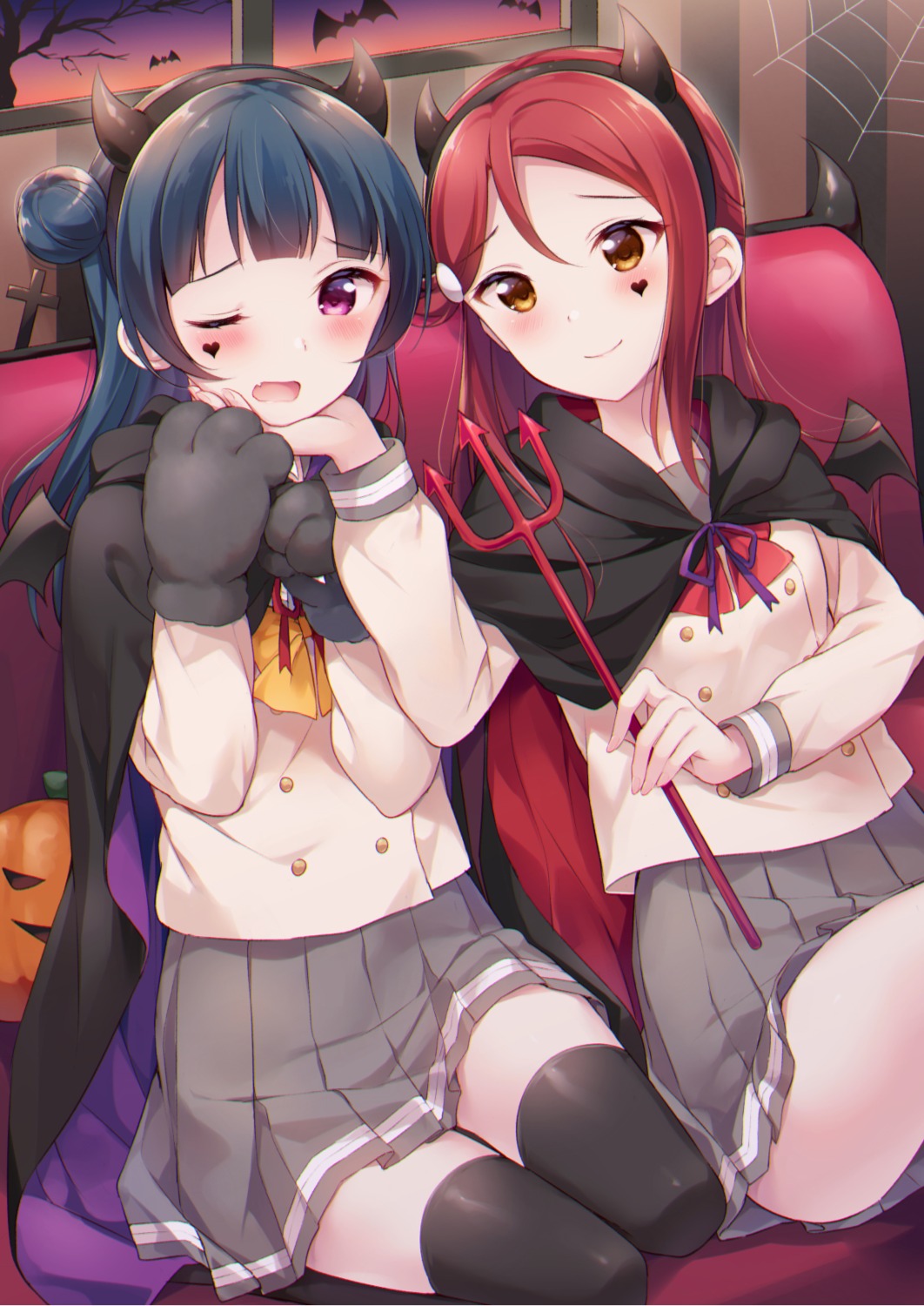 halloween hazuki_(sutasuta) horns love_live!_(series) love_live!_sunshine!! sakurauchi_riko seifuku skirt_lift thighhighs tsushima_yoshiko weapon yuri