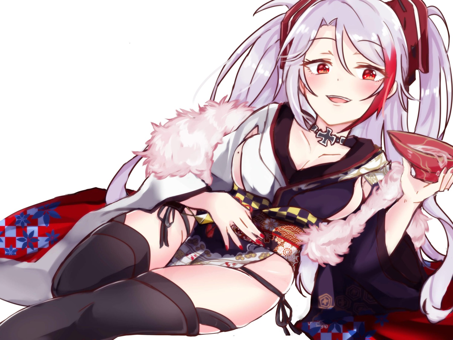 azur_lane cleavage japanese_clothes pantsu prinz_eugen_(azur_lane) ruchita string_panties tail thighhighs