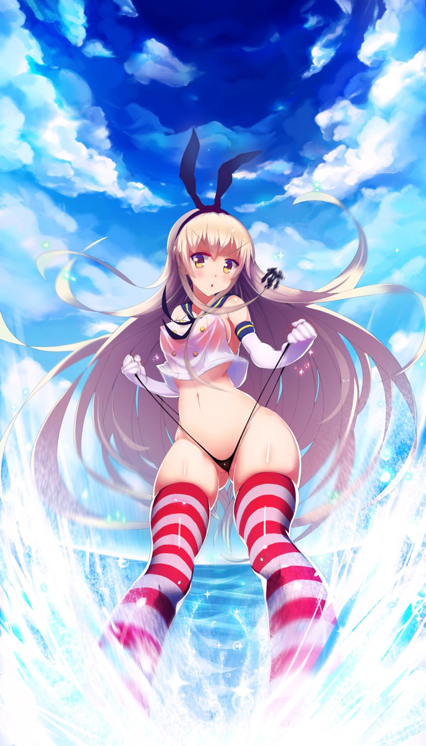 bikini erect_nipples kantai_collection no_bra panty_pull see_through shimakaze_(kancolle) swimsuits thighhighs thong wet