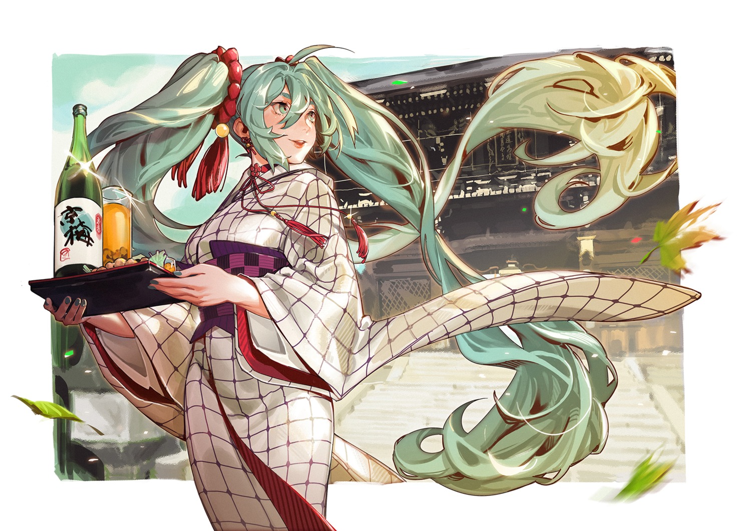 hatsune_miku kyoto_nippon_festival recentia sake vocaloid yukata