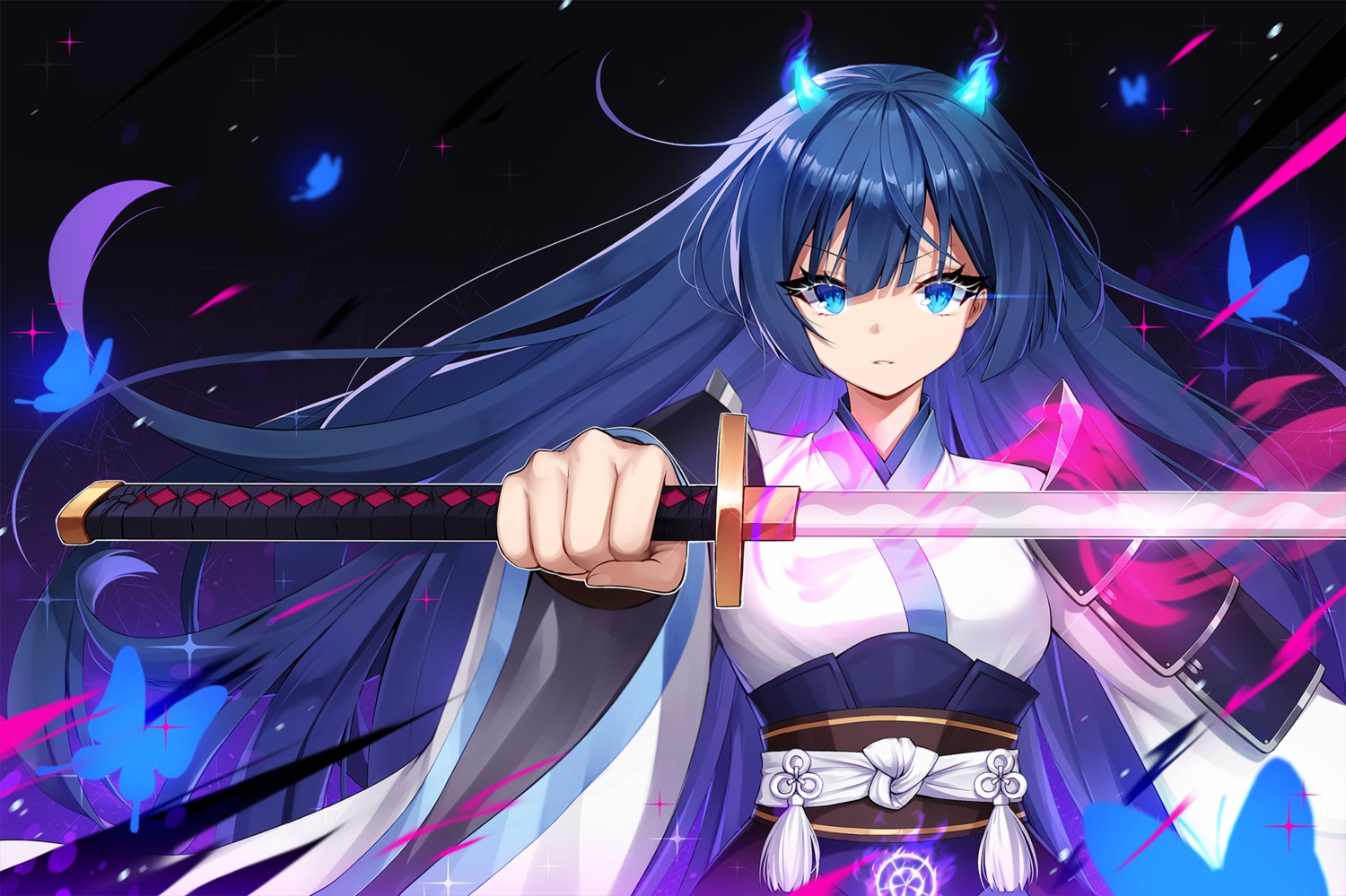 ankkoyom horns illusion_connect japanese_clothes sword