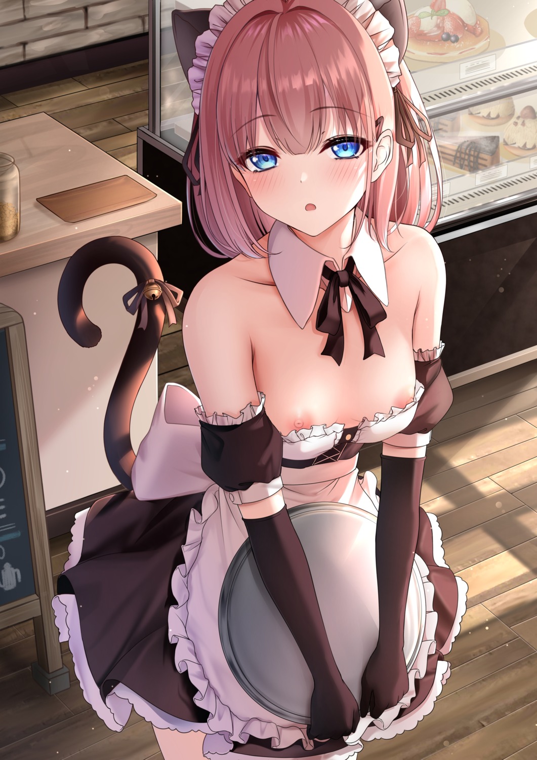 animal_ears maid monaka_curl nekomimi nipples no_bra skirt_lift tail