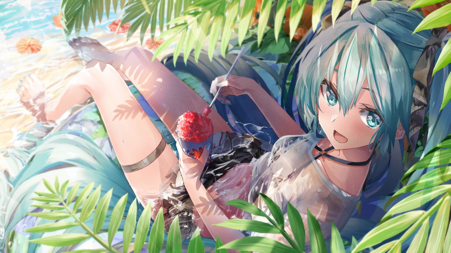 bikini daidou_(demitasse) garter hatsune_miku see_through swimsuits vocaloid wallpaper wet wet_clothes