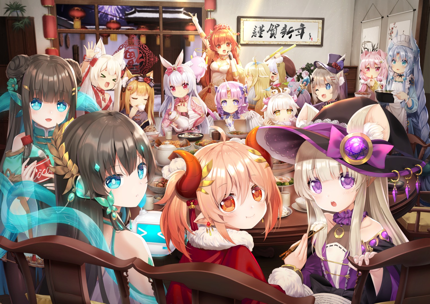 animal_ears asian_clothes bunny_ears cleavage horns m.vv maid mimikko_ui pointy_ears witch