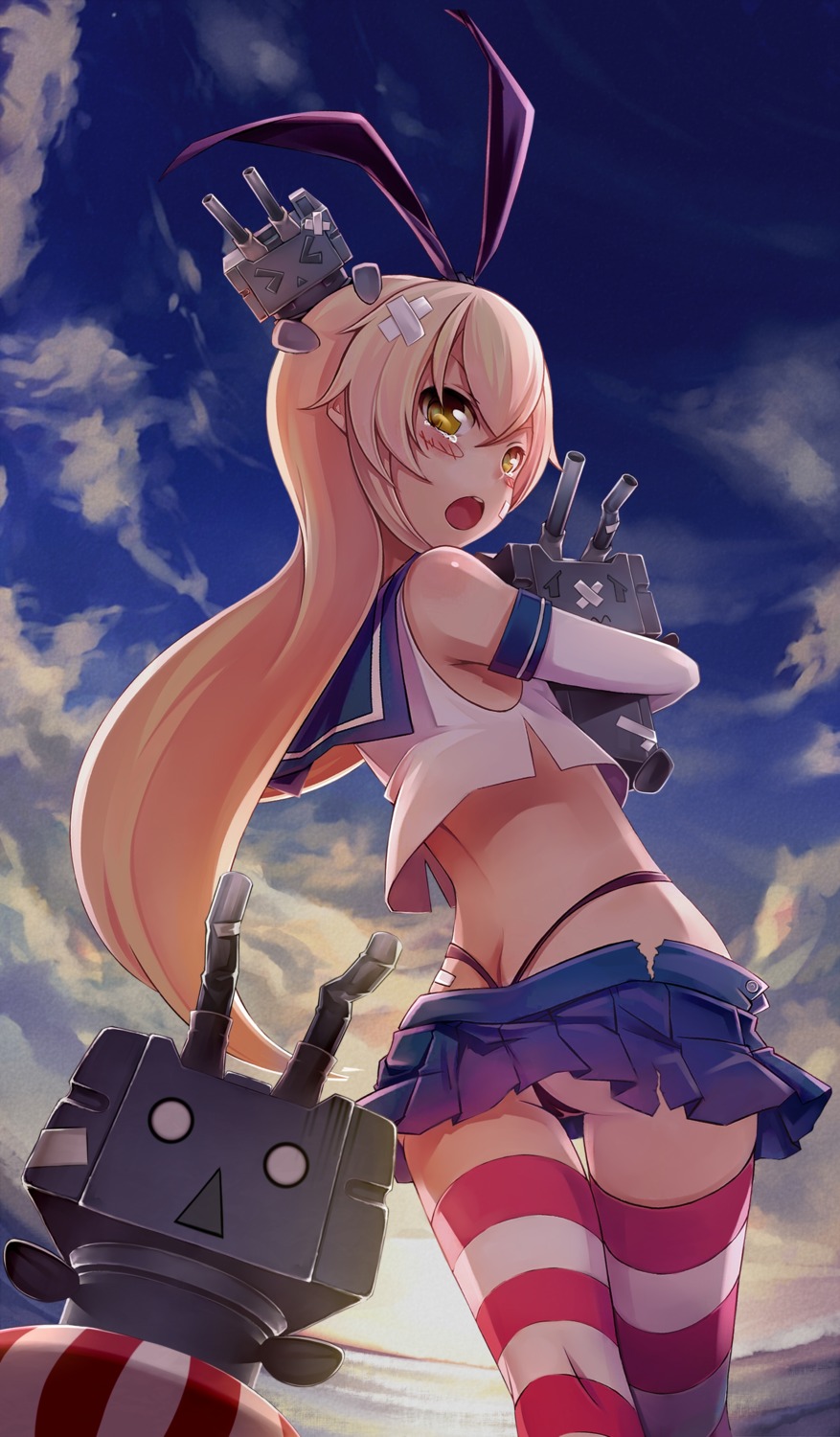 (╯°Д°)╯︵┻━┻ ass bandaid cameltoe kantai_collection pantsu rensouhou-chan shimakaze_(kancolle) thighhighs thong torn_clothes