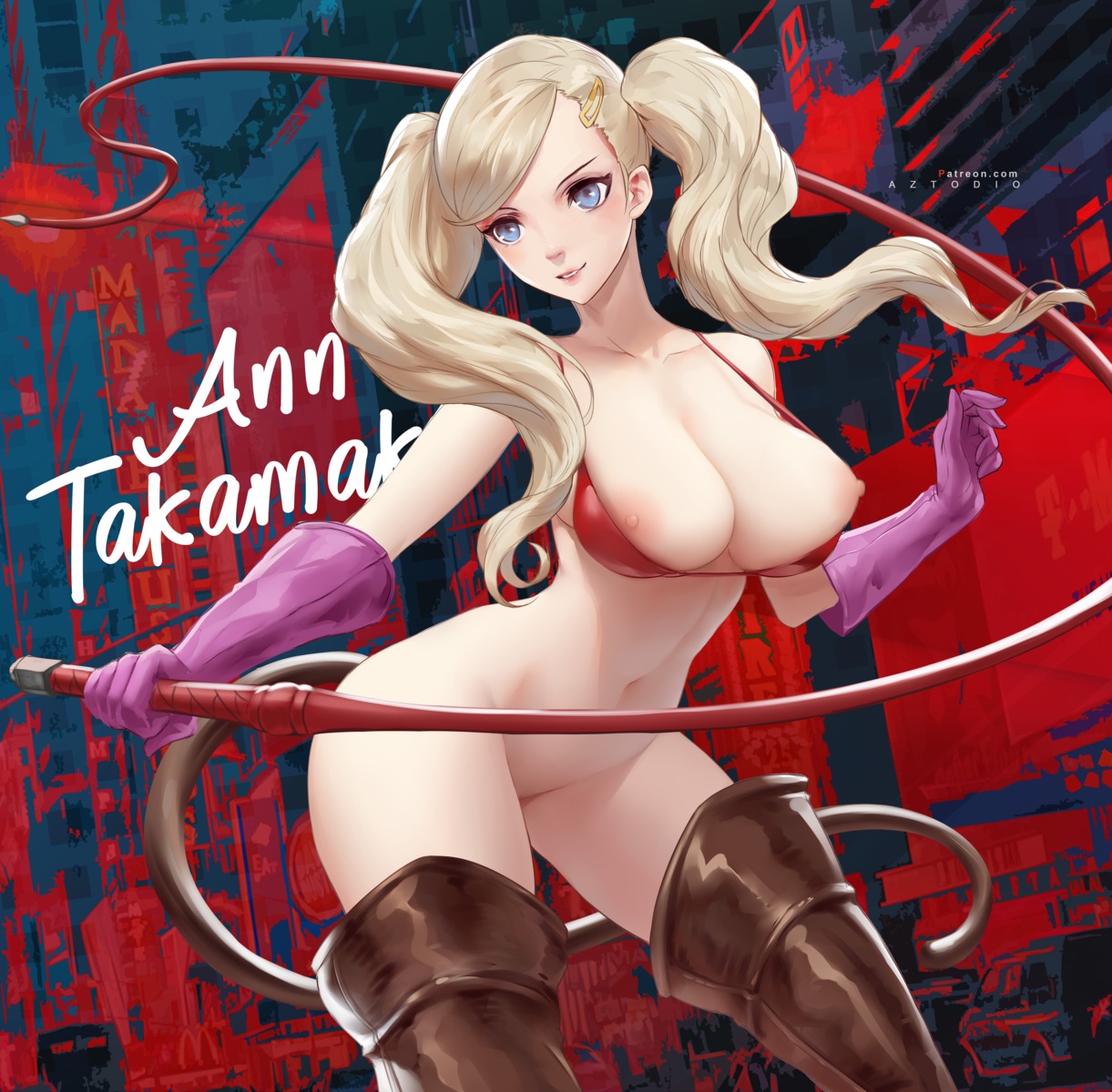 azto_dio bikini_top bottomless breasts nipples persona_5 swimsuits tail takamaki_anne thighhighs weapon