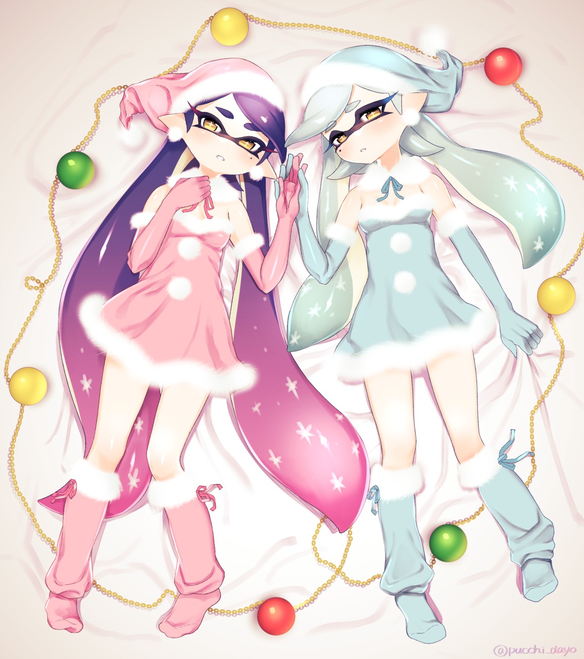 aori_(splatoon) christmas dress hotaru_(splatoon) pointy_ears puchiman splatoon