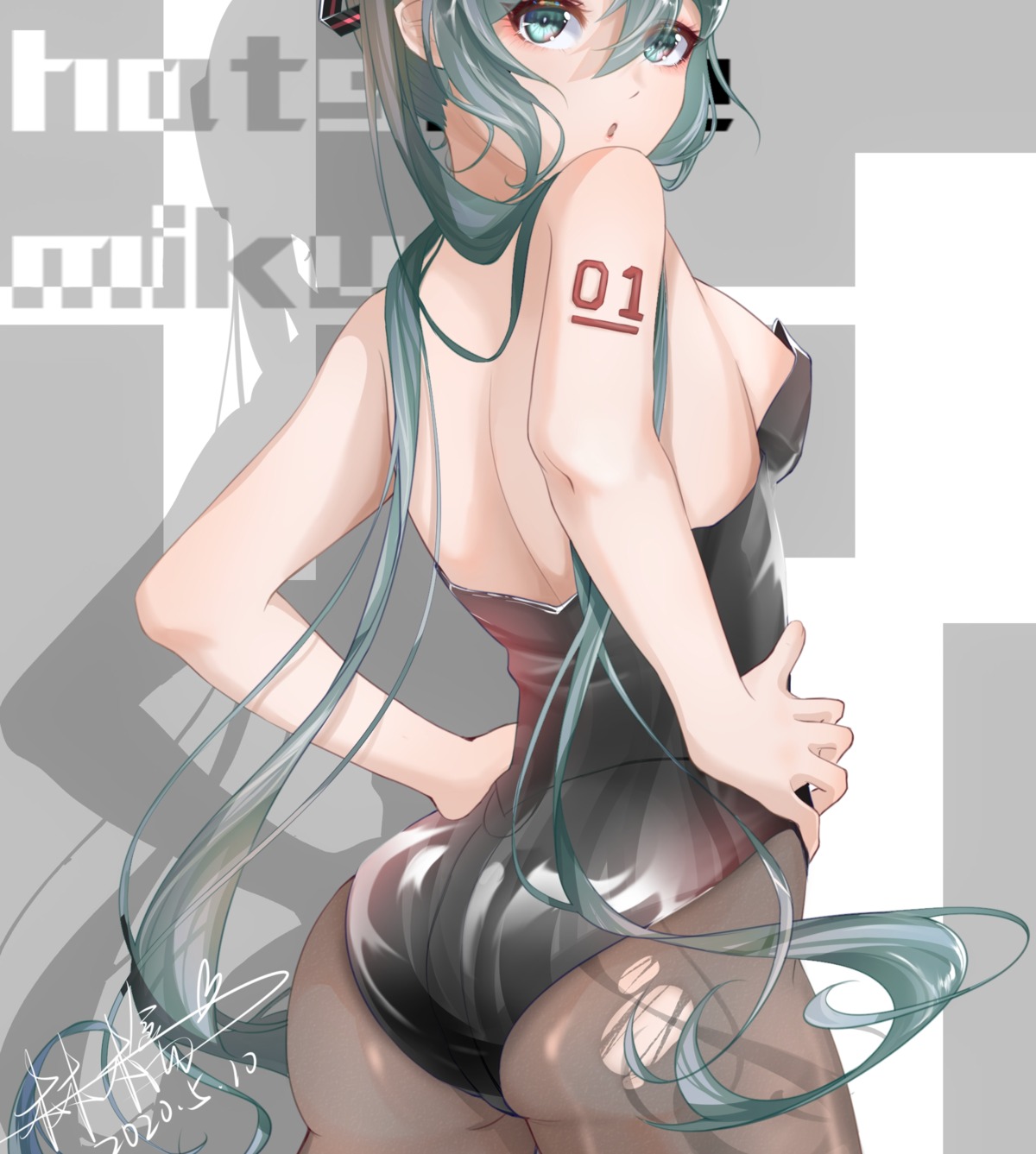 ass hatsune_miku leotard no_bra pantyhose ringo_no_usagi tattoo vocaloid