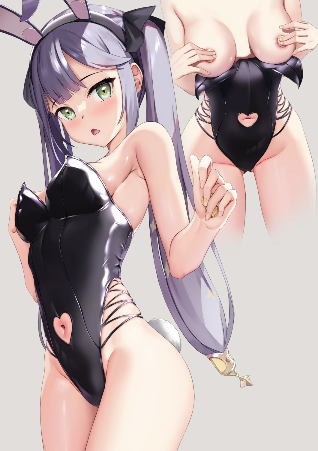 animal_ears areola breast_hold breasts bunny_ears bunny_girl genshin_impact mona_megistus no_bra skai_kun tail