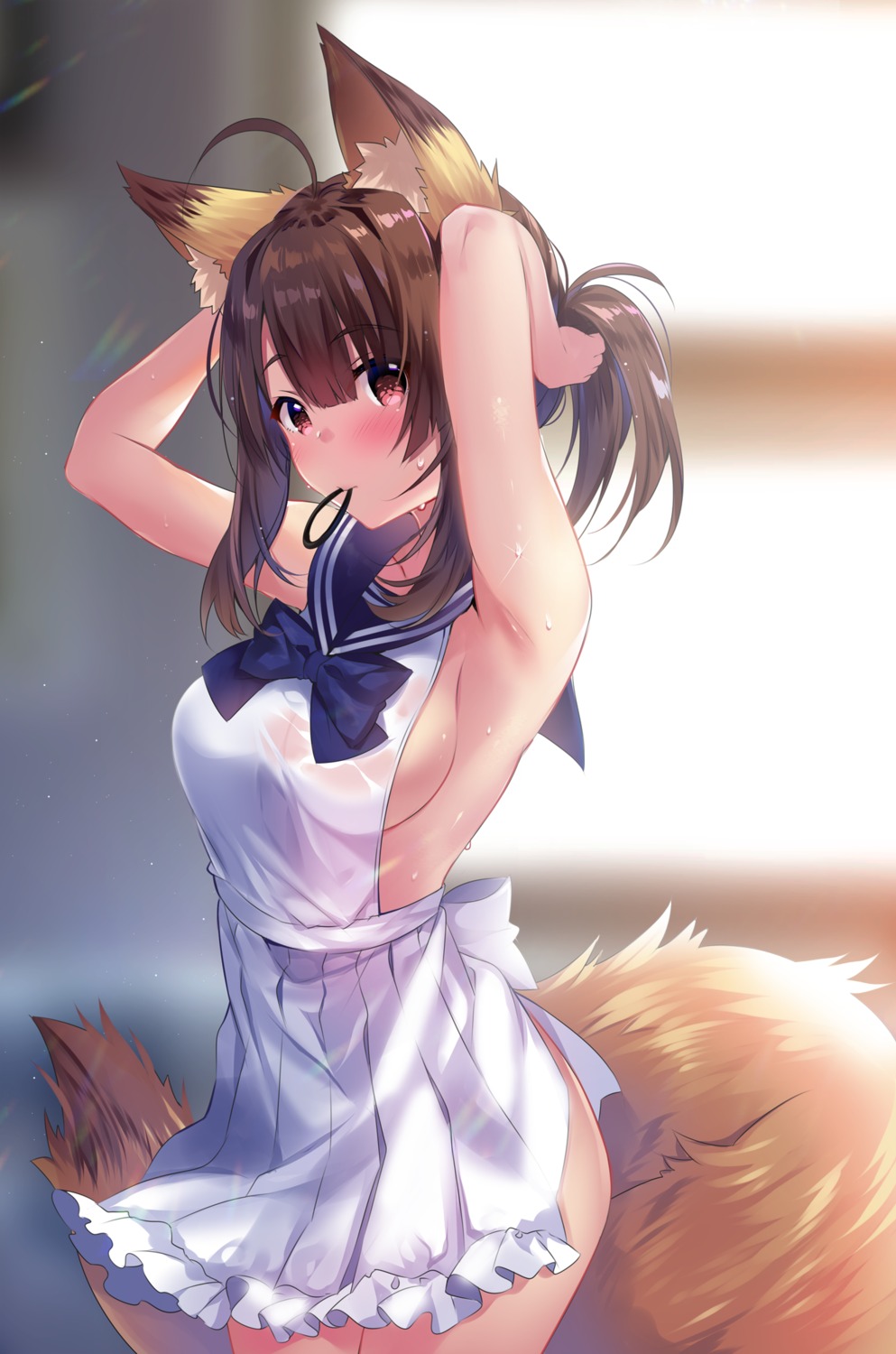 kitsune naked_apron see_through tail usagihime wet wet_clothes
