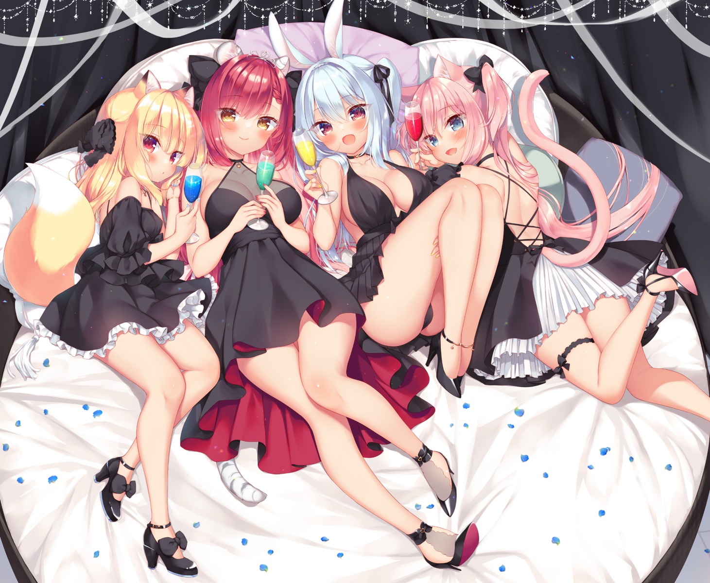 23.4° animal_ears boku_no_risou_no_isekai_seikatsu bunny_ears chise_(ichiri) dress garter heels ichiri kitsune misia_(ichiri) naturis_(ichiri) nekomimi no_bra pantsu rabimea_(ichiri) see_through skirt_lift tail thong