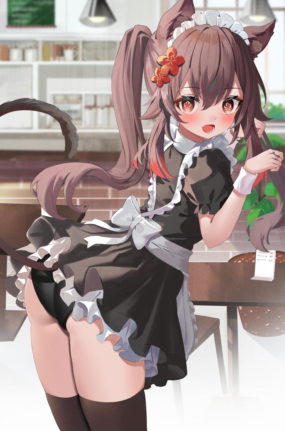 animal_ears genshin_impact hu_tao maid nekomimi pantsu skirt_lift tail thighhighs tsukise_miwa