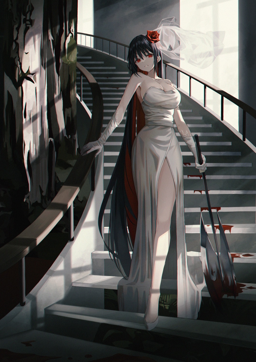 blood dress hyonee no_bra weapon