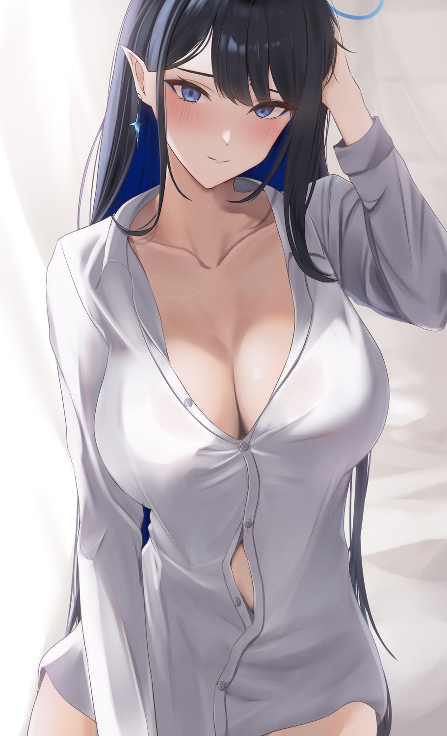 blue_archive dress_shirt halo k_0art nanagami_rin no_bra open_shirt pointy_ears see_through