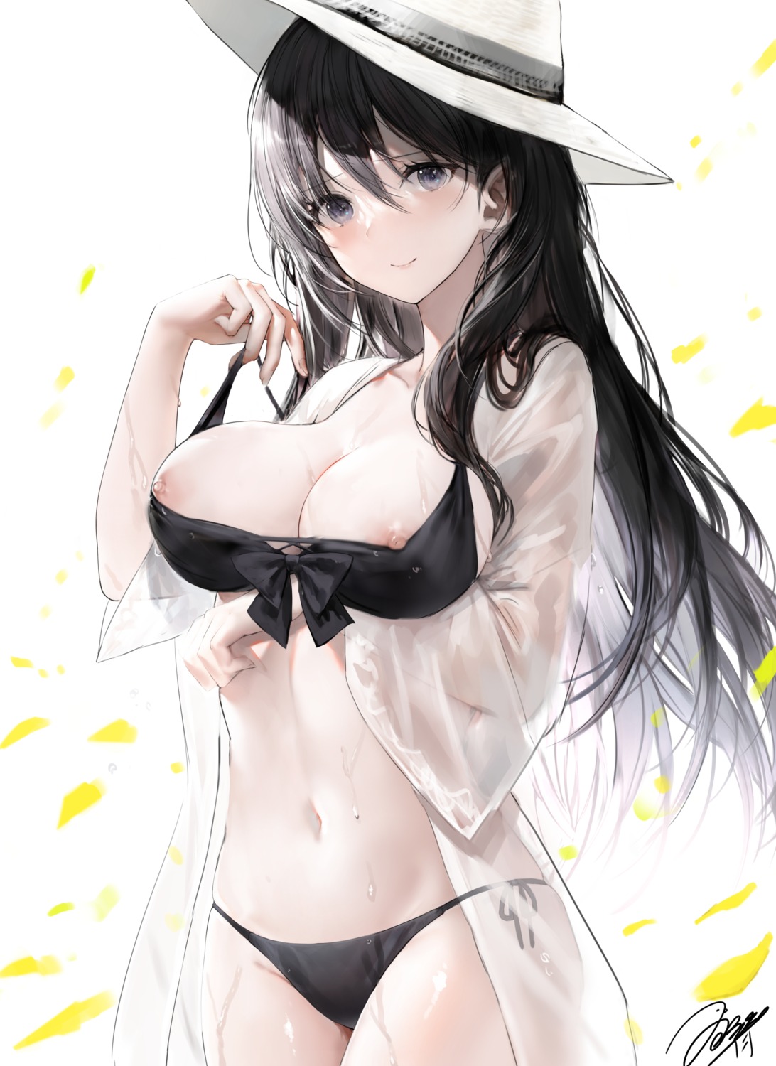 bikini breast_hold breasts haori_io nipples open_shirt see_through swimsuits undressing wet