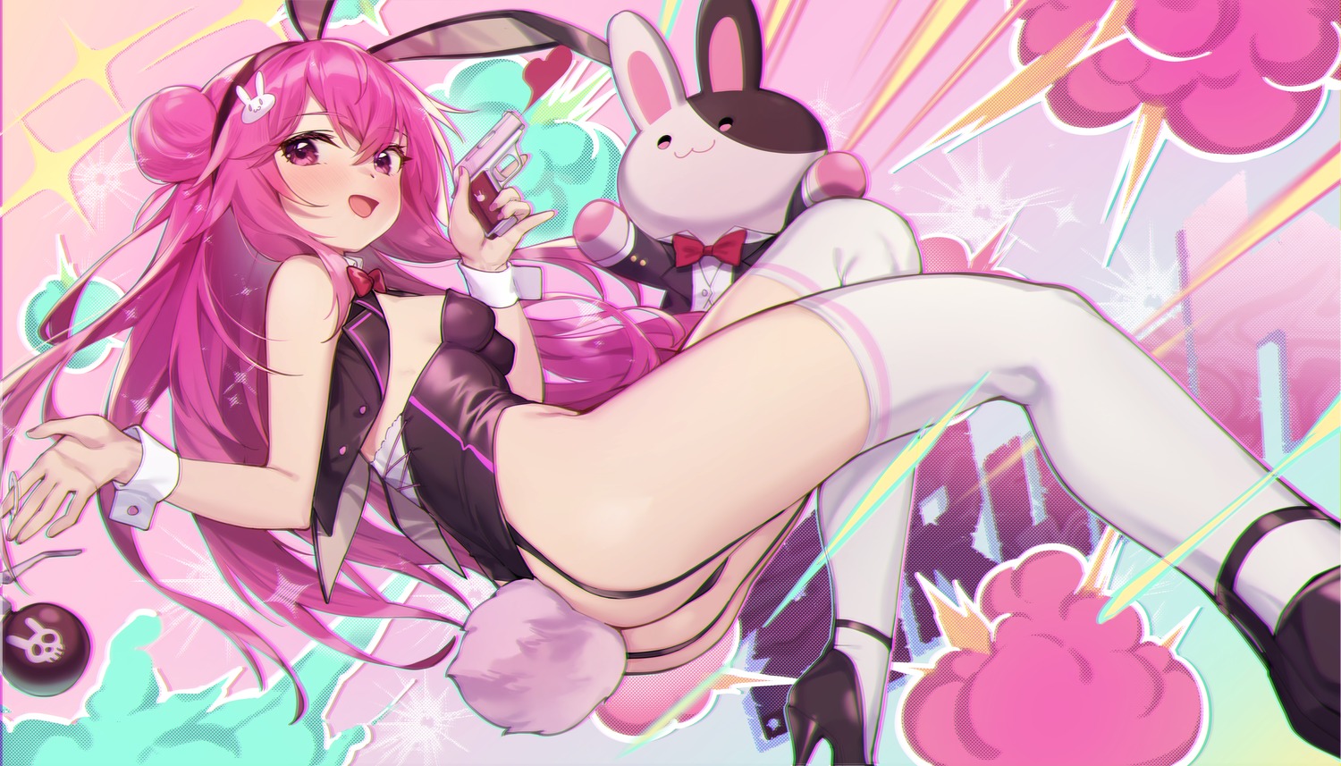 animal_ears bunny_ears bunny_girl gun heels loli no_bra shennai_misha stockings thighhighs